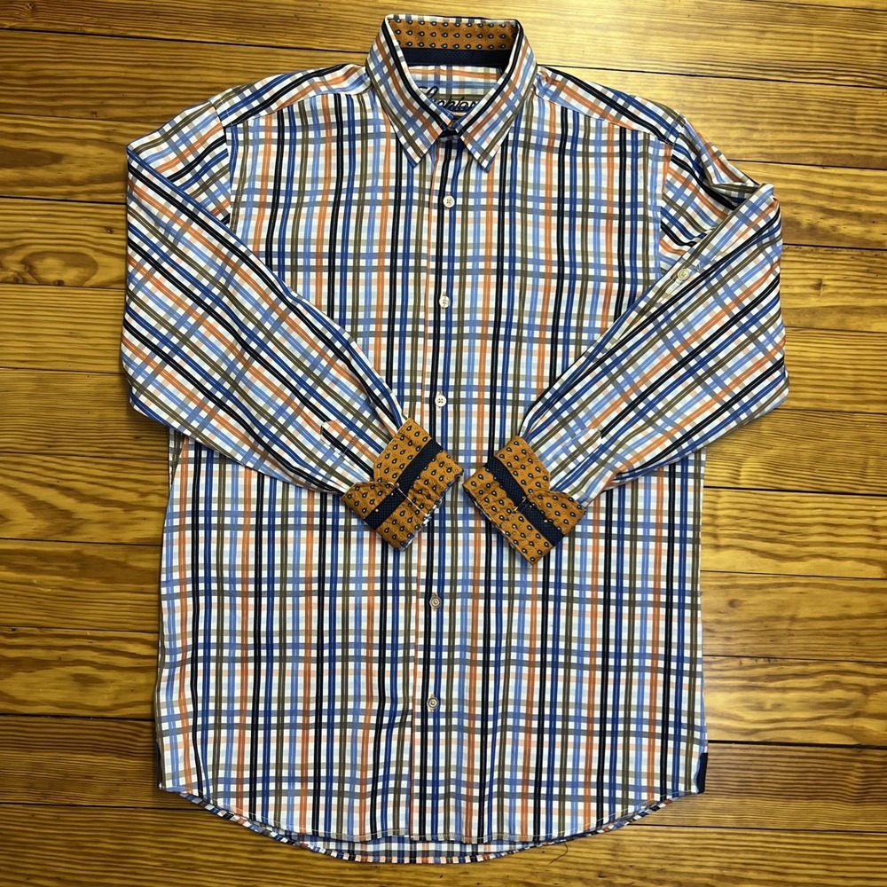 Luchiano Visconti Shirt Men Medium White Blue Orange‎ Button Up Flip Cuff